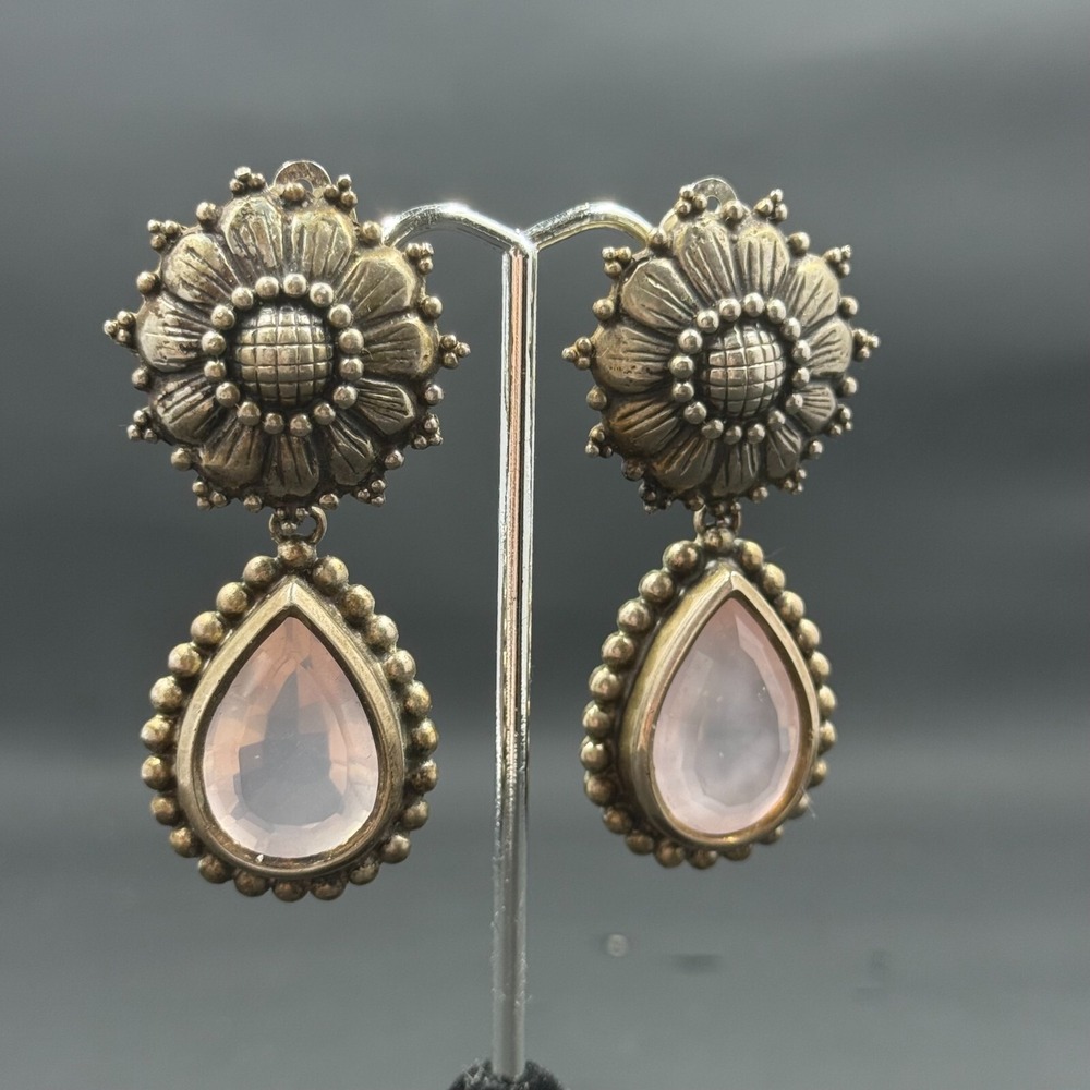 Stephen Dweck Sterling Silver Clip Earrings w/ Rose Quartz 2.25" Floral Drop